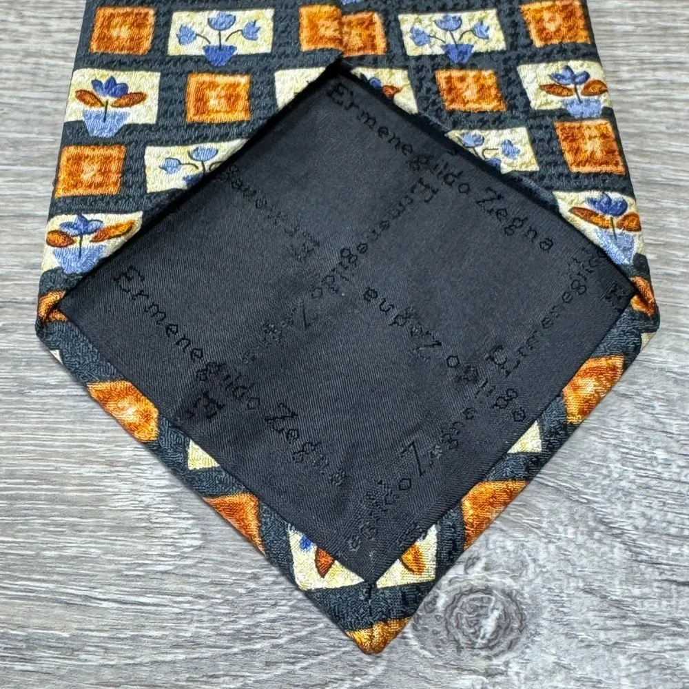 Ermenegildo Zegna Neck Tie Handmade Luxury 100% Silk Floral‎ Retro Mid-Century